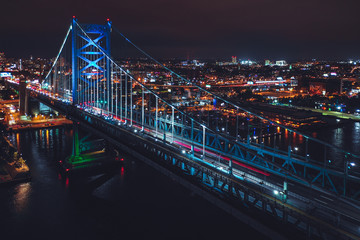 Aerial of Nigh Time Philly Ben Franklin Bridge