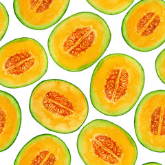 Watercolor pattern design with melon slices on white background.