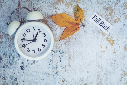Fall Daylight Saving Time concept with white clock and flowers, flat lay