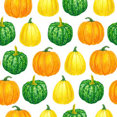 Seamless pattern with various painted with watercolors pumpkins. Element for design.