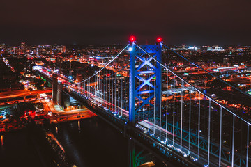 Aerial of Nigh Time Philly Ben Franklin Bridge