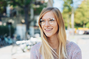 happy young woman in the city