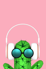 Funny cactus with headphones and sunglasses on pink pastel background 3D illustration