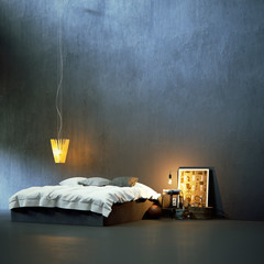 modern bed in minimalistic black vintage environment