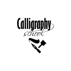 Calligraphy school lettering logo design template. Calligraphic classes, studio sign with black handwritten fonts. Dip pen silhouette with ink wave and brush. Vector isolated logotype