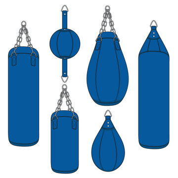 Set of color illustrations with a blue punching bag, boxing pears. Isolated vector objects on white background.