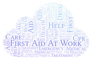 Obraz premium First Aid At Work word cloud, made with text only.
