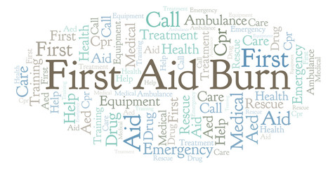 First Aid Burn word cloud, made with text only.