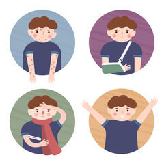 A boy and a rash. A boy and a broken arm. A boy and a cold. A healthy boy. Set of illustration in cartoon style.