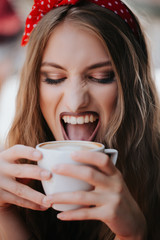 girl drinks coffee. Good morning concept.