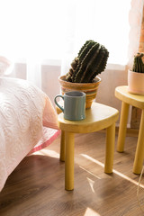 Fototapeta na wymiar big cactus. house plant. cactus on the table. coffee yellow table. green Cup
