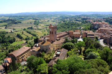 Fototapeta na wymiar Landscape and city view from up of the Cathedral of Santa Maria Assunta e San Genesio in San Miniato, Tuscany, Italy.