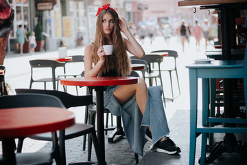 girl drinks coffee. Good morning concept.