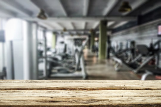 Table background of free space and gym interior. 