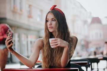 girl drinks coffee. Good morning concept.