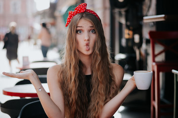 girl drinks coffee. Good morning concept.