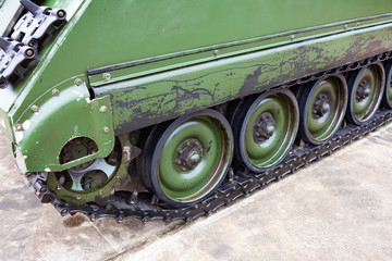Obraz na płótnie Canvas Military tank wheel close up detail.