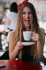 girl drinks coffee. Good morning concept.