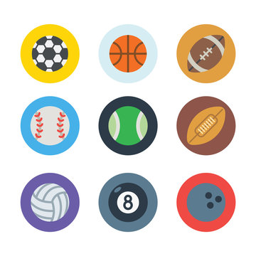 Group of all Ball sports icons set. Rugby, American football tennis, billiards, basketball, golf, volleyball, bowling ball symbols collection.
