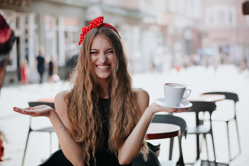 girl drinks coffee. Good morning concept.