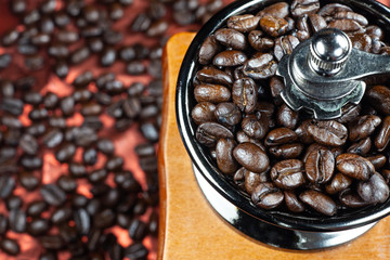 Coffee beans and vintage wooden grinder.
