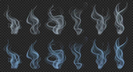Set of realistic translucent smoke or steam in gray and light blue colors, isolated on transparent background. Transparency only in vector format