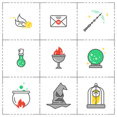 Magic vector icon set. Wizard equipment. Line style