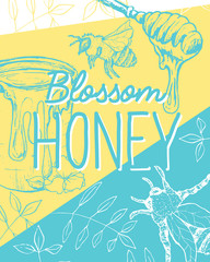Isolated Poster with bee and fresh honey. Sketch with hexagon honeycomb and spoon for gathering. Label or brochure for healthy nutrition market or shop, store with beeswax. Insects food retail theme