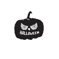 Happy Halloween text Banner or label. Vector halloween calligraphic text label with scary pumpkin isolated on white