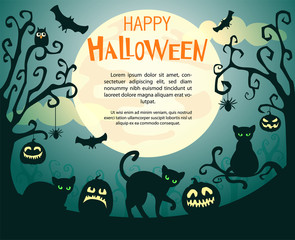 Halloween background with pumpkins, spiders, bats and cats.