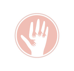 Hands up vector icon. Kids Help logo template. Flat human hand logotype. Care abstract pink symbol. Isolated vector illustration on white background.