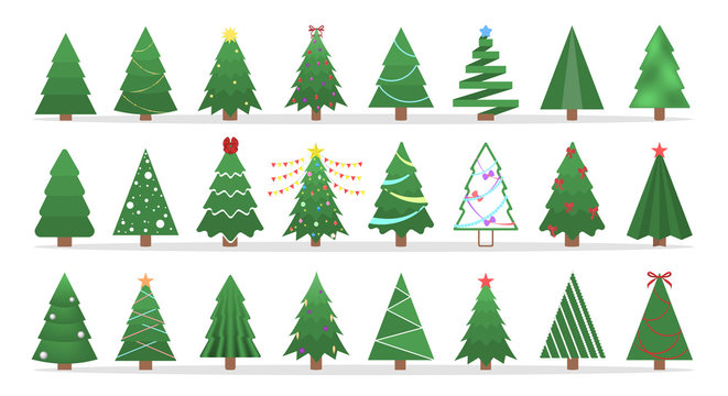 Cute Green Christmas Tree Of Different Shape Set.