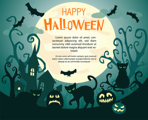 Halloween background with pumpkins, moon, bats and cats.