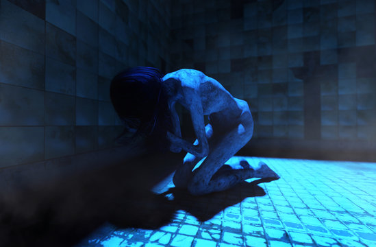 Dark room,Ghost woman in abandoned house,3d illustration