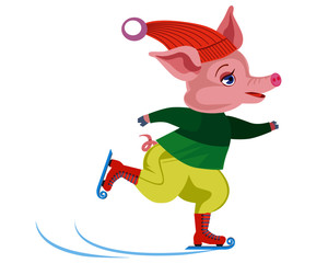 Cute funny Pig is skating. She is in a green pullover, in a yellow pants and in a red cap. New year and Christmas card composition, handmade print.
