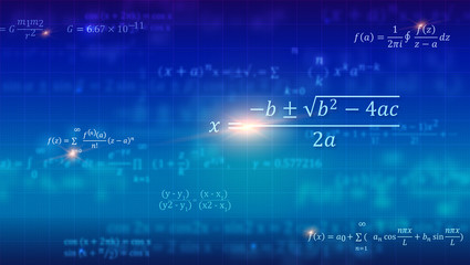 Mathematical formulas. Abstract blue background with Math equations floating on school blackboard. Vector 3D illustration. Symbol of study algebra, arithmetic, physics and exact Sciences - obrazy, fototapety, plakaty