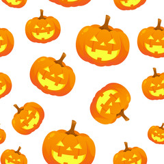 Halloween pumpkins seamless pattern vector illustration, Orange pumpkins on white background.