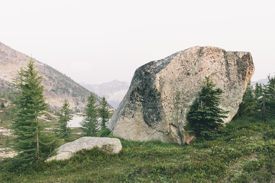 Rock formations in mountain alpine landscape, near Snowy Lakes, along the Pacific Crest Trail, North Cascades, Washington