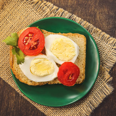 a sandwich with various ingredients on a green plate.