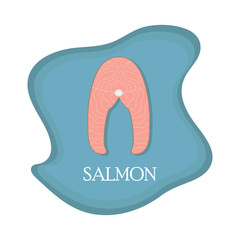 Flat illustration of a delicious salmon steak on the blue background.