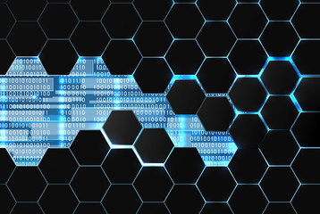 Futuristic technology background with blue glow and hexagons
