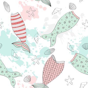 Vector seamless pattern with a mermaid tails and seashells