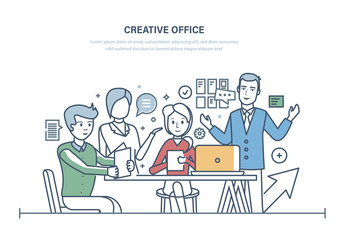 Creative office. Workers meeting, office business team, partnership.