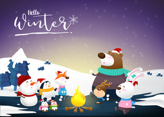 Hello winter with animal cartoon and night snow 002