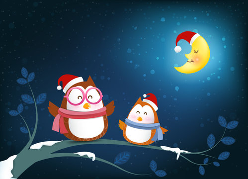 Owl cartoon smile on tree branch twig and falling snow in the winter night backgroud vector illustration 001