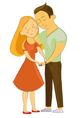 Vector illustration. Sweet young couple in love are holding hands