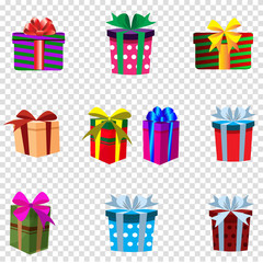 Vector set of colourful gift boxes isolated on transparent background.