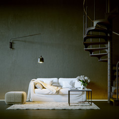 sofa in black vintage loft environment with spiral stairs