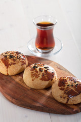 fresh pastry on white background with turkish tea
