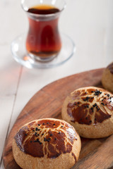 fresh pastry on white background with turkish tea